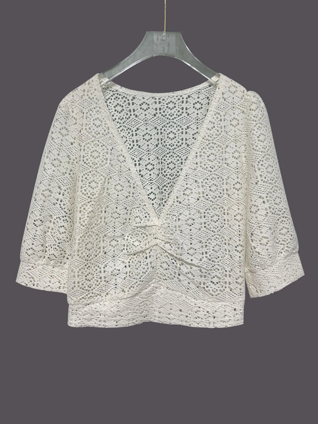 Ruched V-Neck Openwork Crop Knit Top