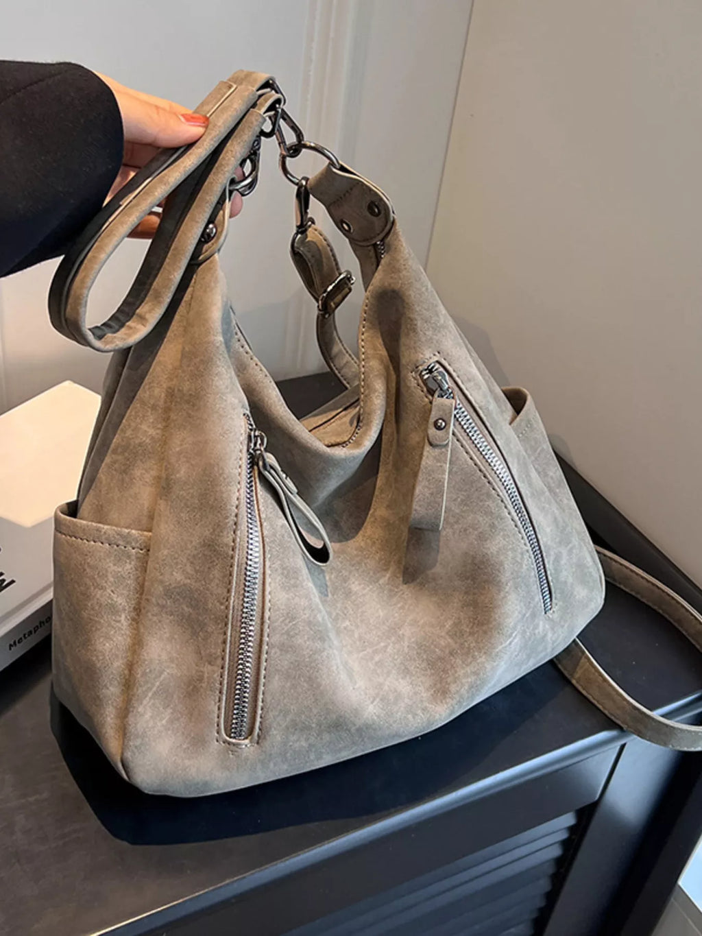 Hobo Shoulder Bag with Zipper Pocket