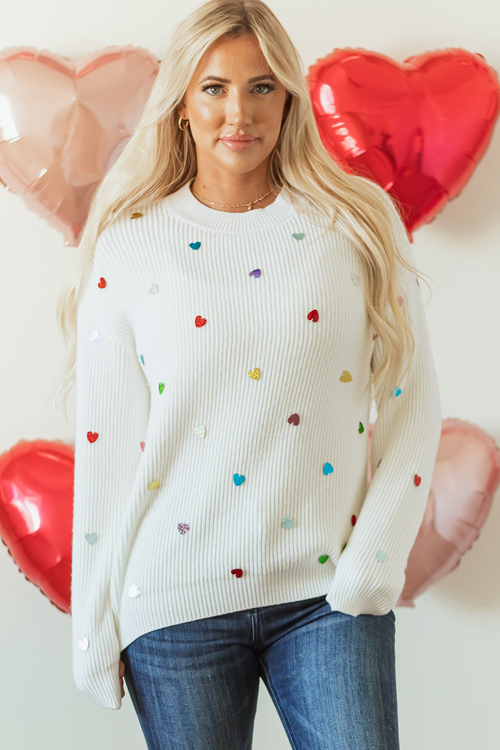 Valentine Heart Sequin Ribbed Knit Crewneck Sweater