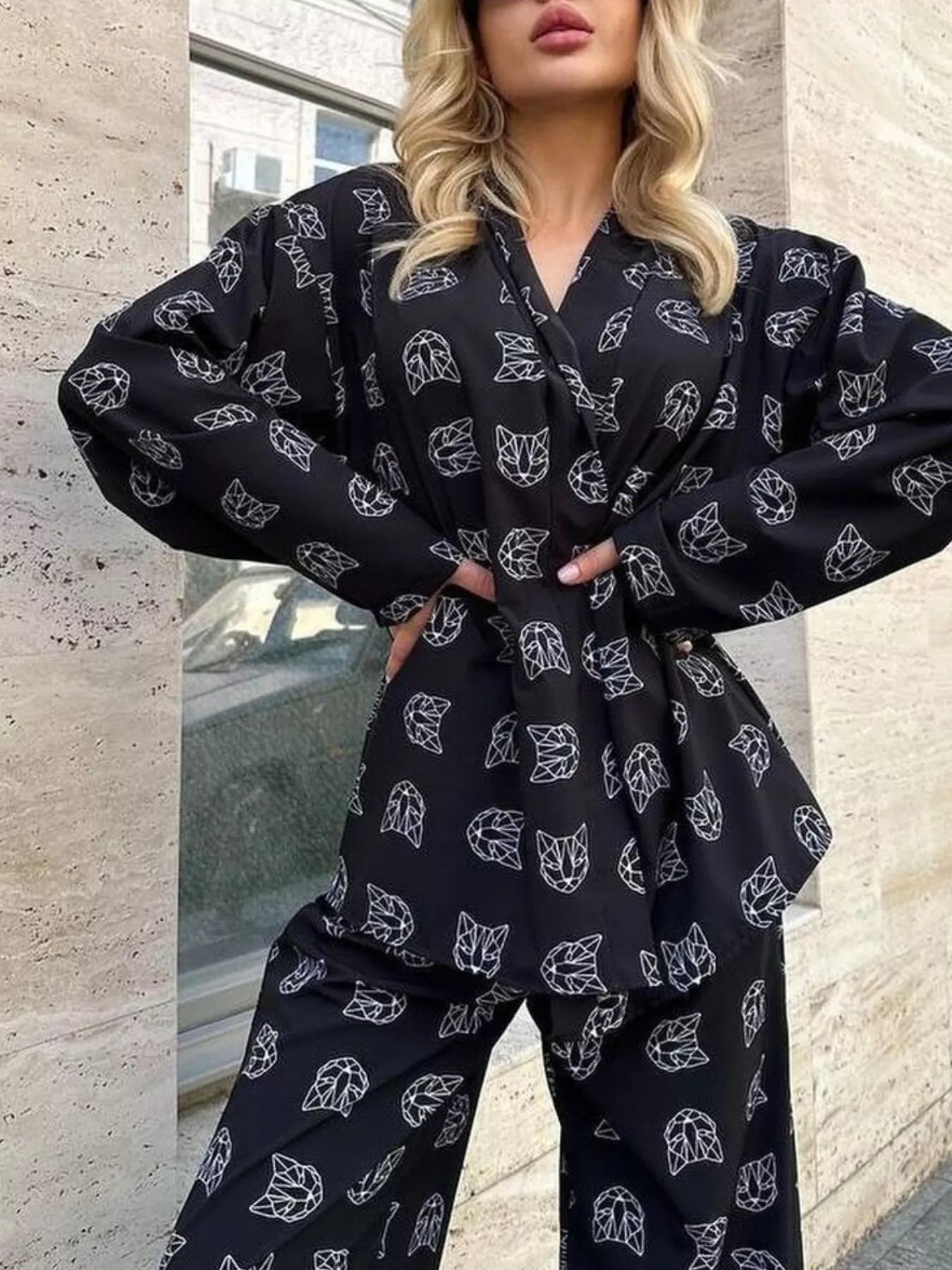 Open Front Cat Print Shirt and Pants Set