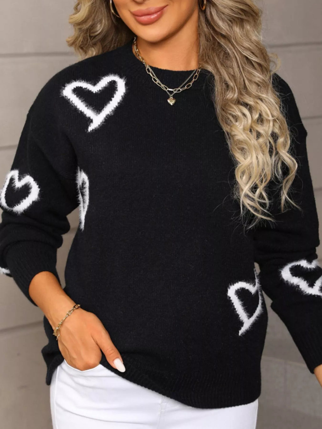 Valentine's Day Heart Print Crew Neck Sweater