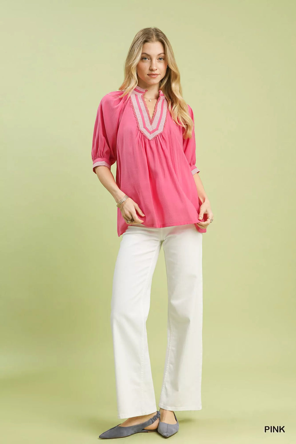 Umgee Solid Contrast Trim Pleated Top