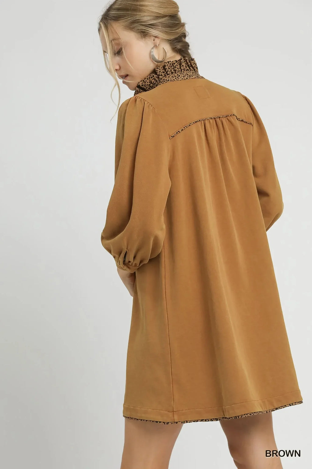 Umgee French Terry Balloon Sleeve Shift Dress with Leopard Print Detail