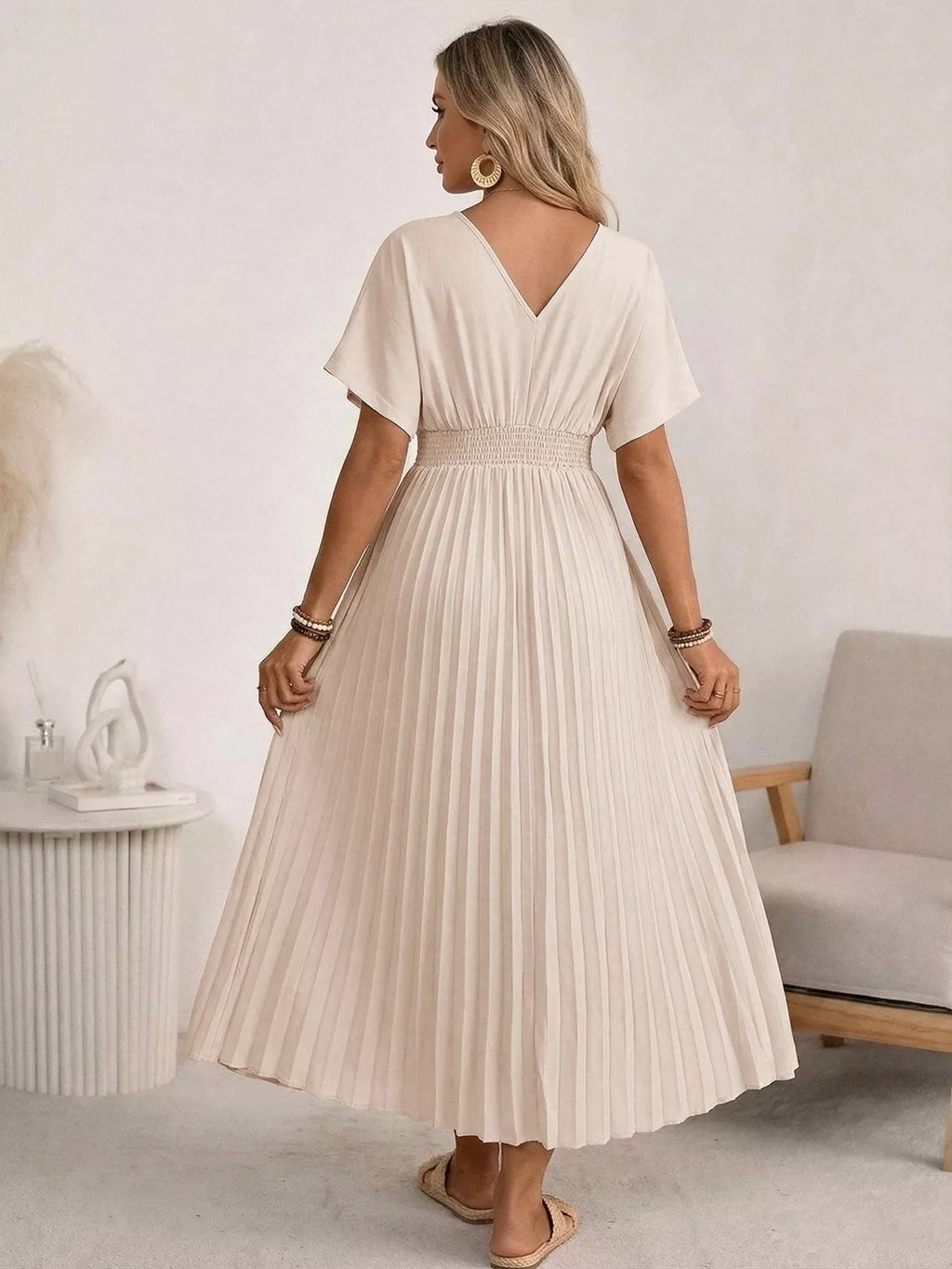 Pleated V-Neck Midi Dress