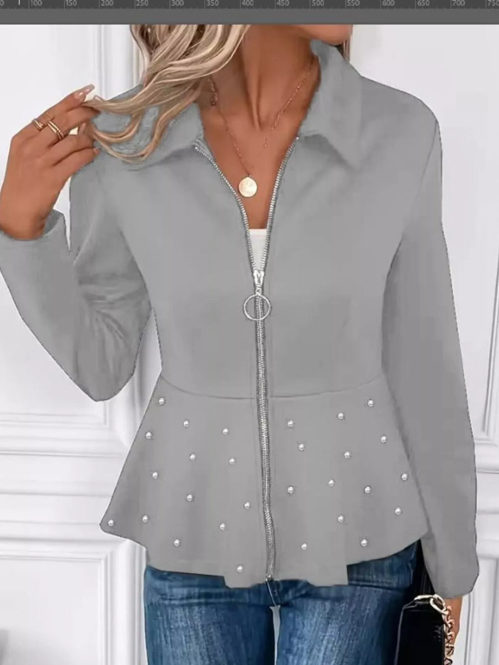 Pearl Embellished Zip-Up Peplum Outerwear