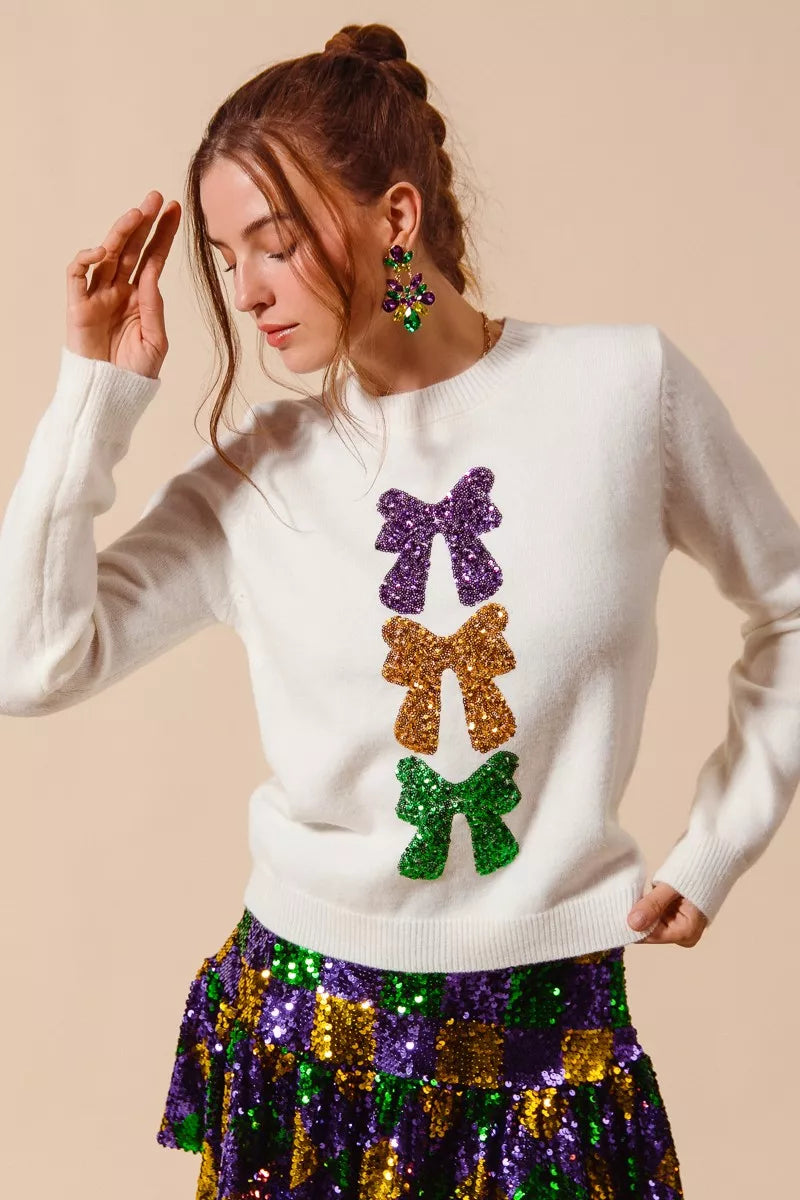 SO ME Mardi Gras Sequins Bow Ribbon Embellished Sweater