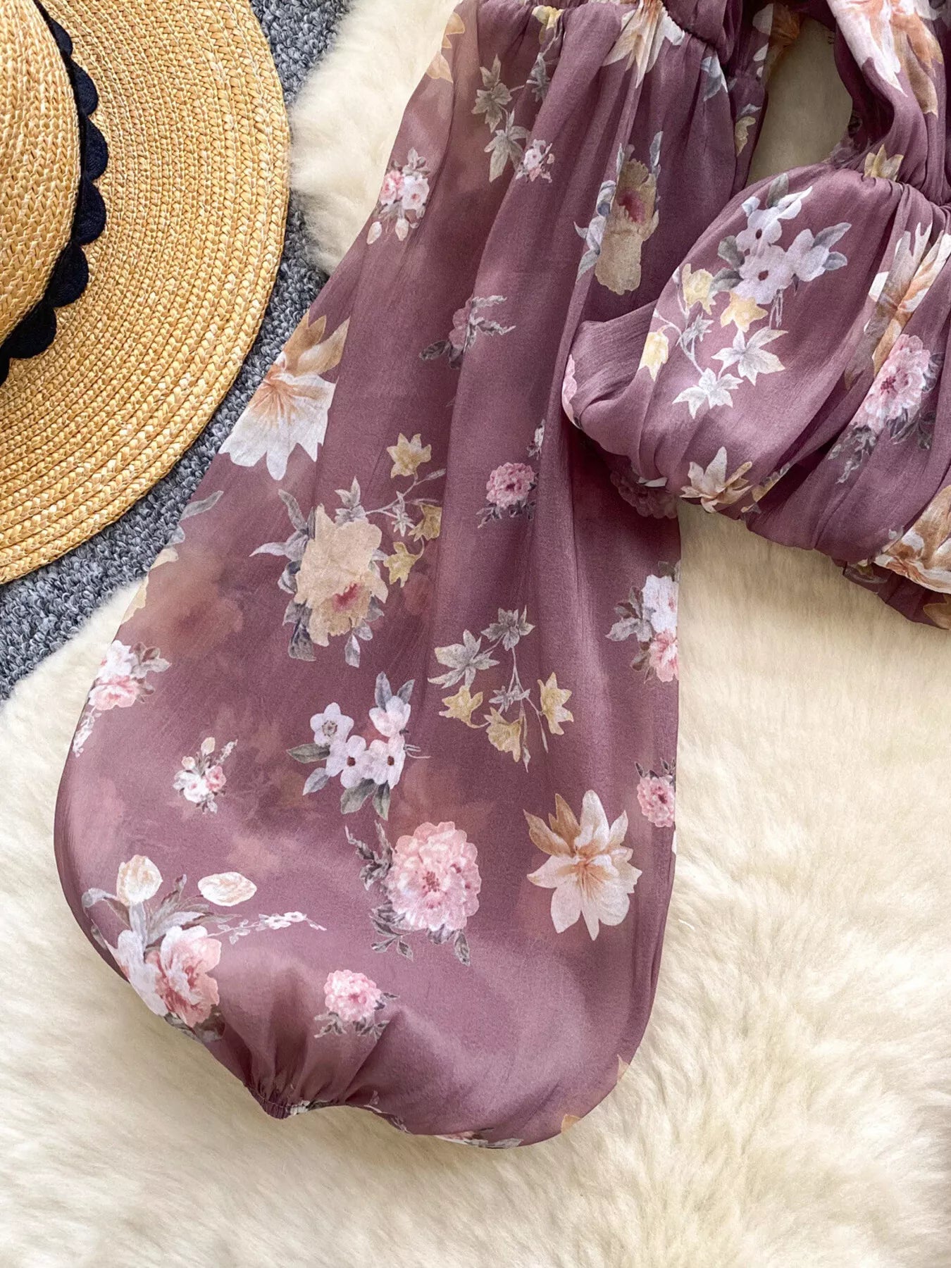 Floral Print Chiffon Balloon Sleeve Blouse