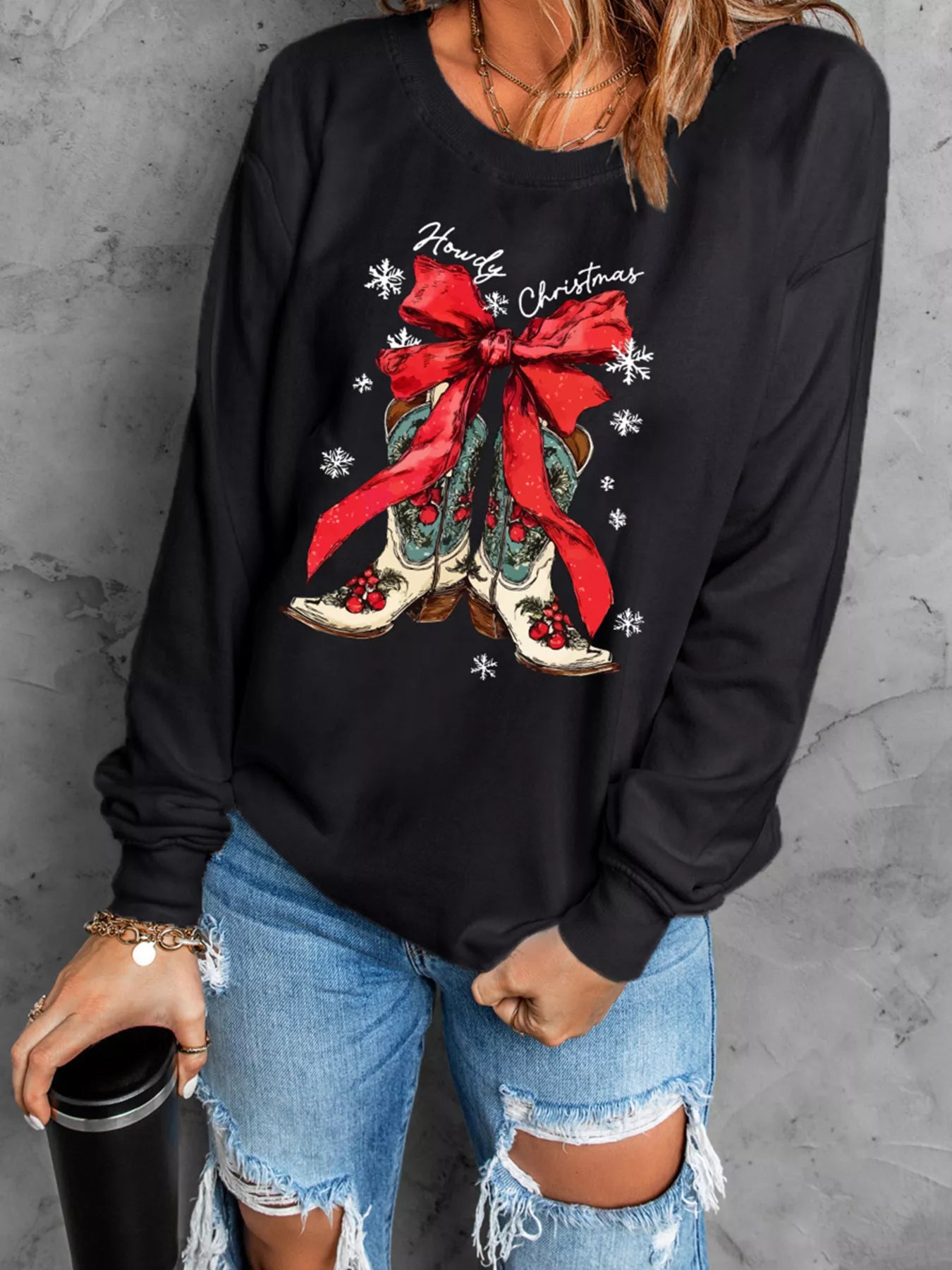 Howdy Christmas Ribbon Bow Knot Western Boots Graphic Sweatshirt