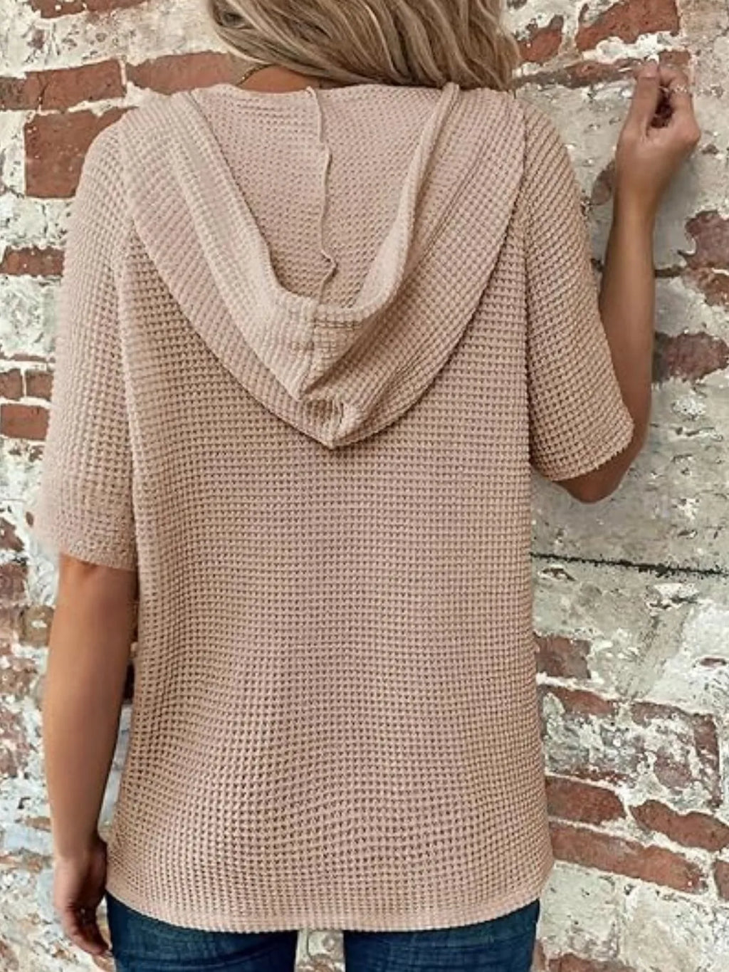 Drawstring Waffle-Knit Short Sleeve Hooded Top