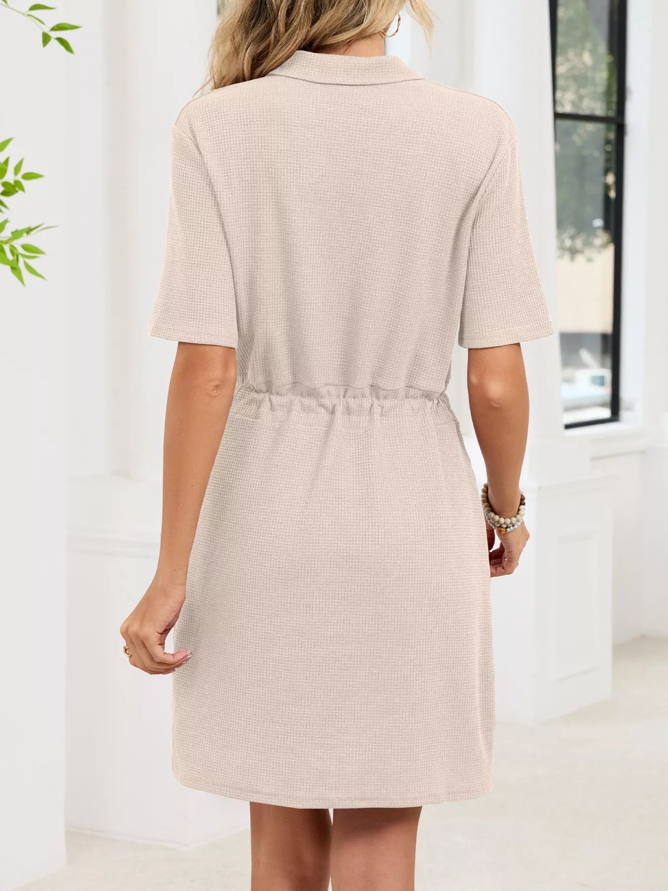 Casual Knit Polo Collar Drawstring Waist Dress