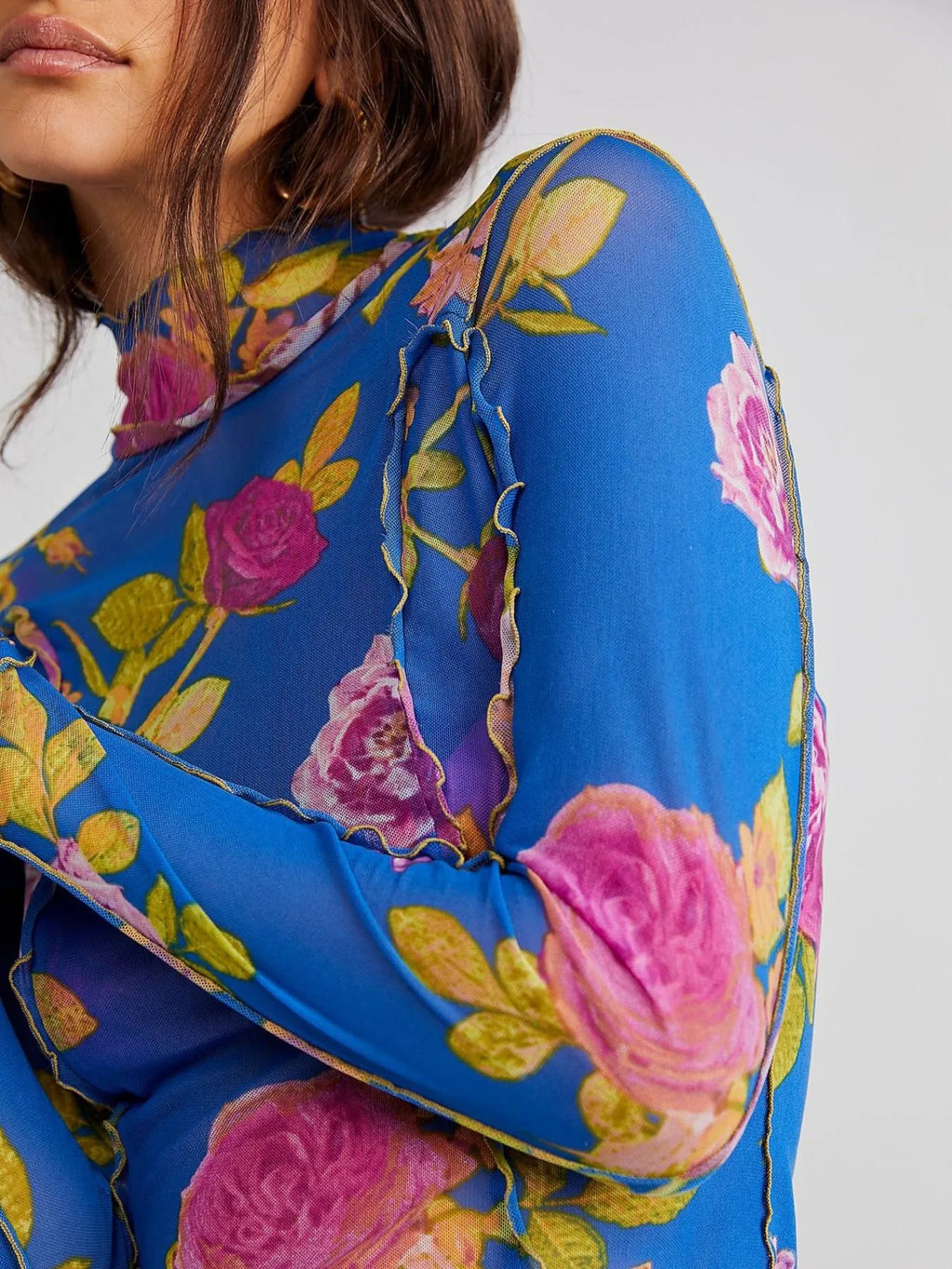 Floral Print Mock Neck Long Sleeve Top