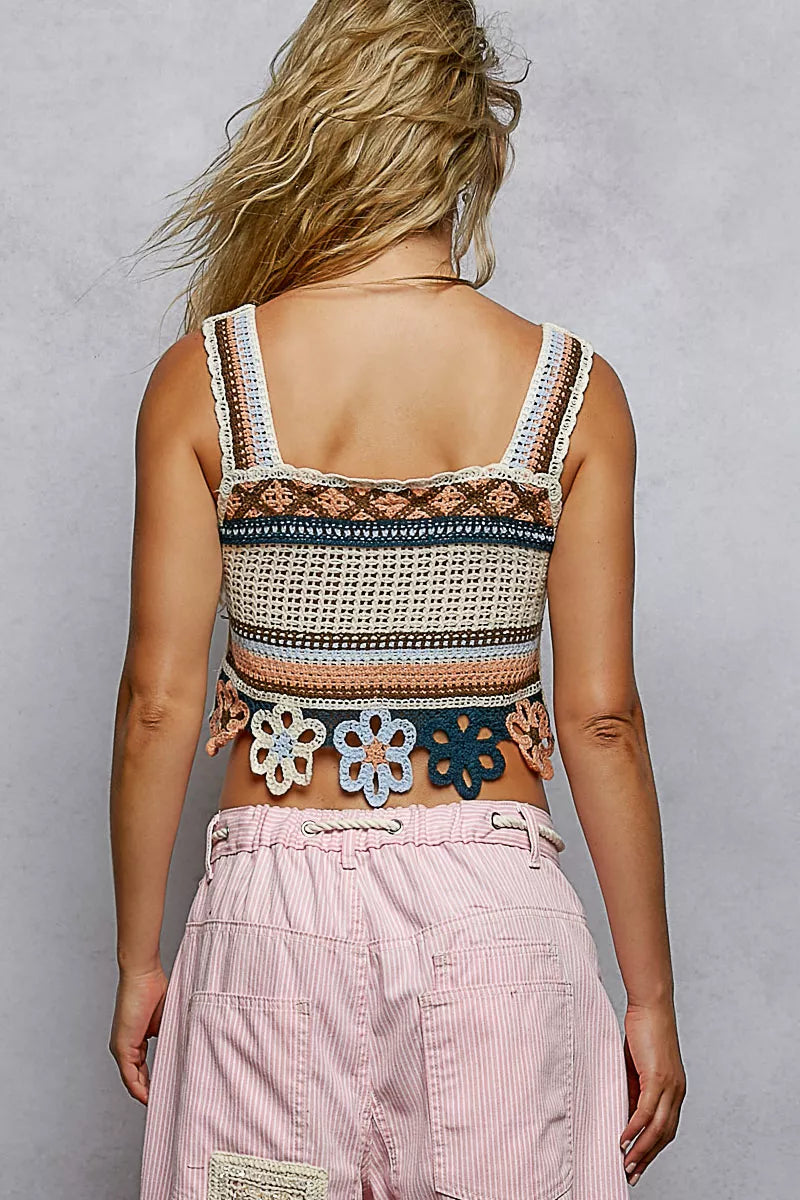 POL Cutout Flower Cropped Crochet Cami with with Dangle Detail