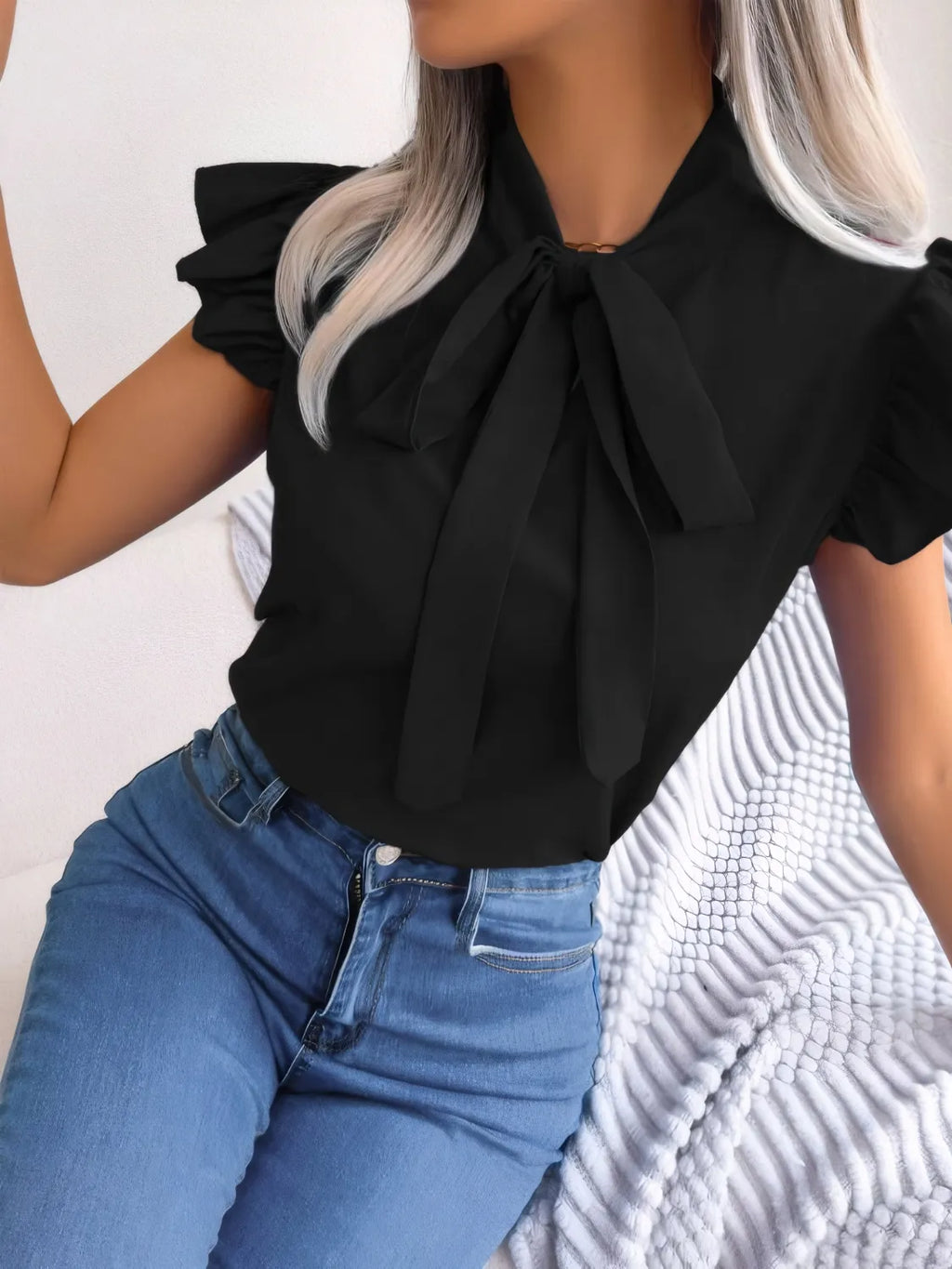 Ruffled Tie Neck Cap Sleeve Blouse