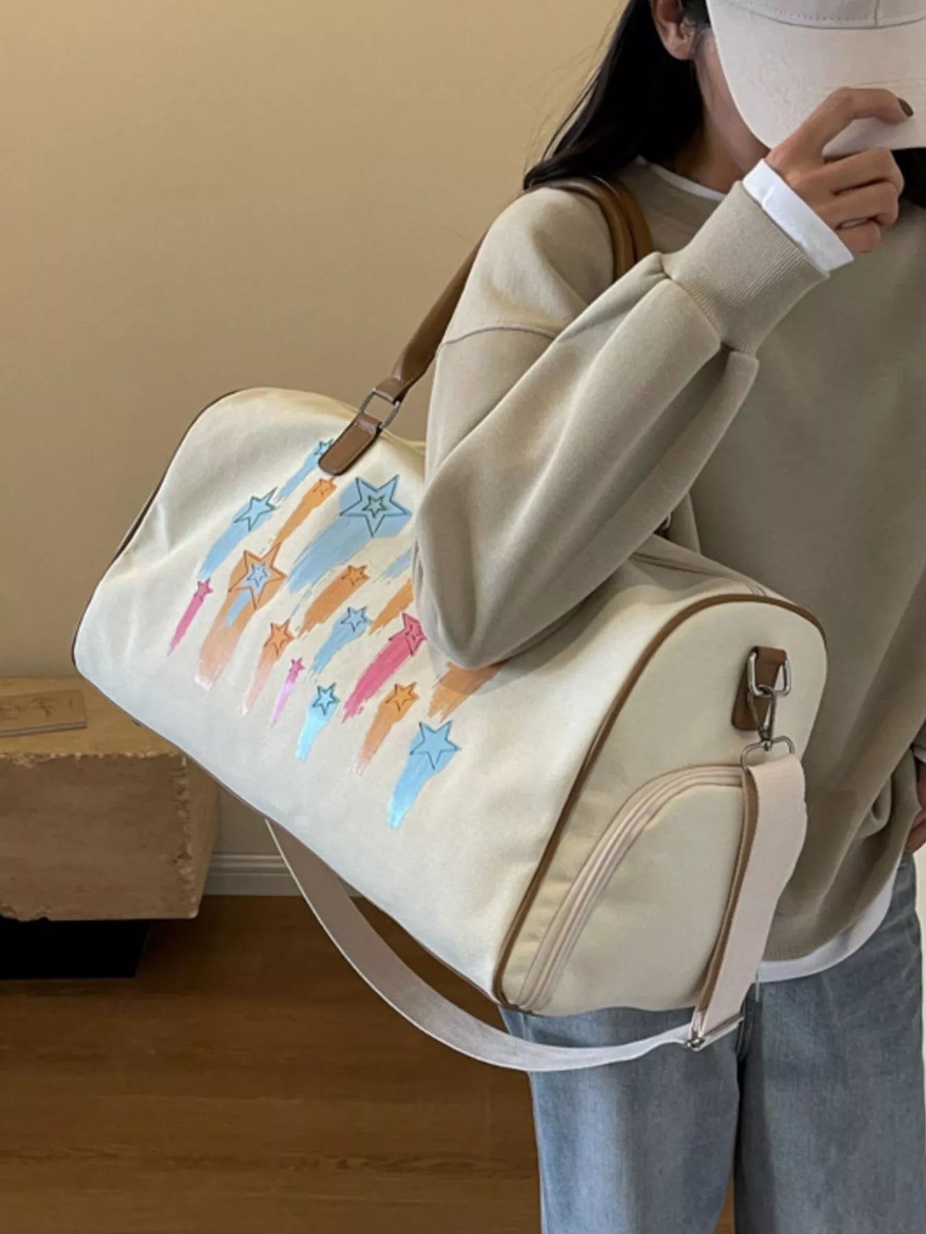 Canvas Duffle Bag with Shooting Star Print
