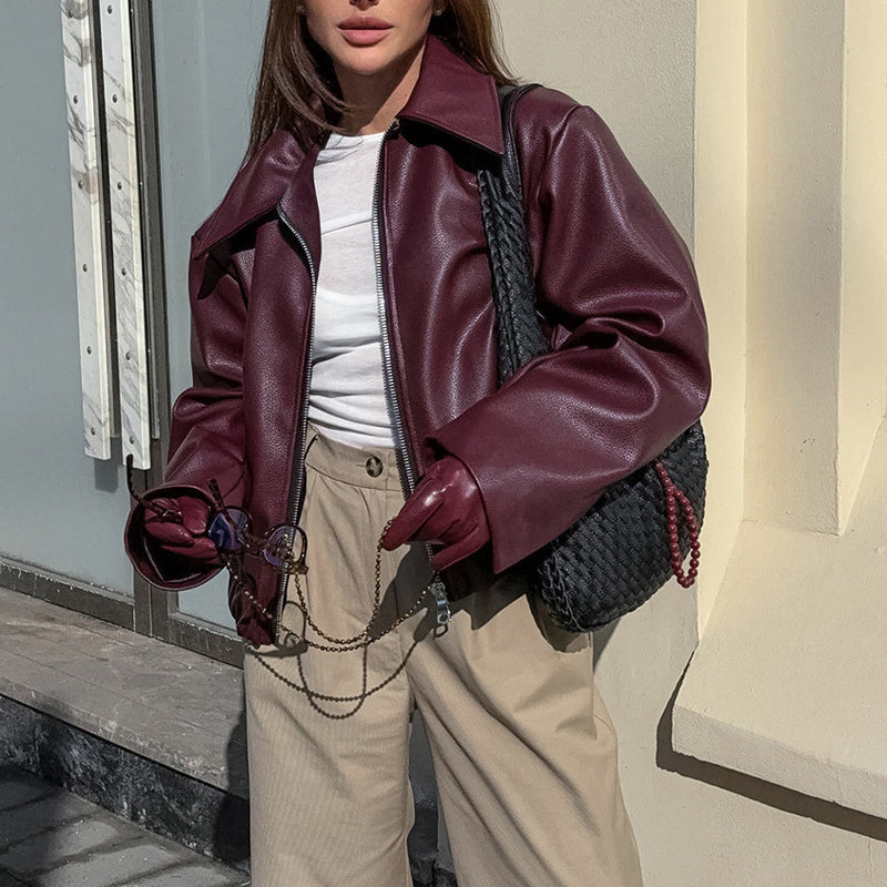 Vintage Style Women's Solid Color Faux Leather Jacket