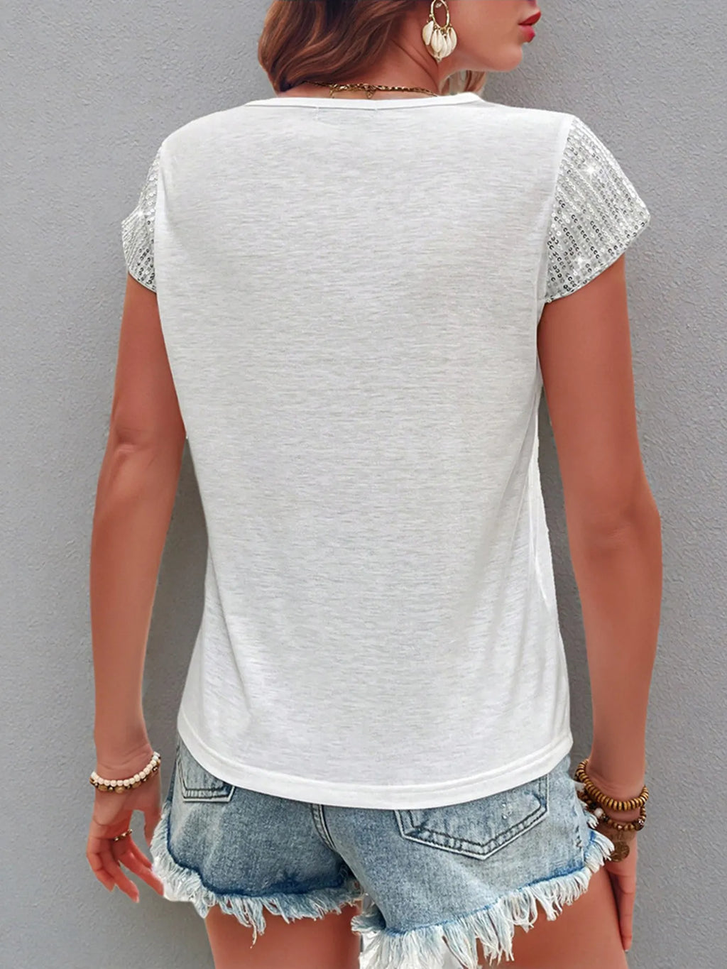 Sequin V-Neck Short Sleeve T-Shirt