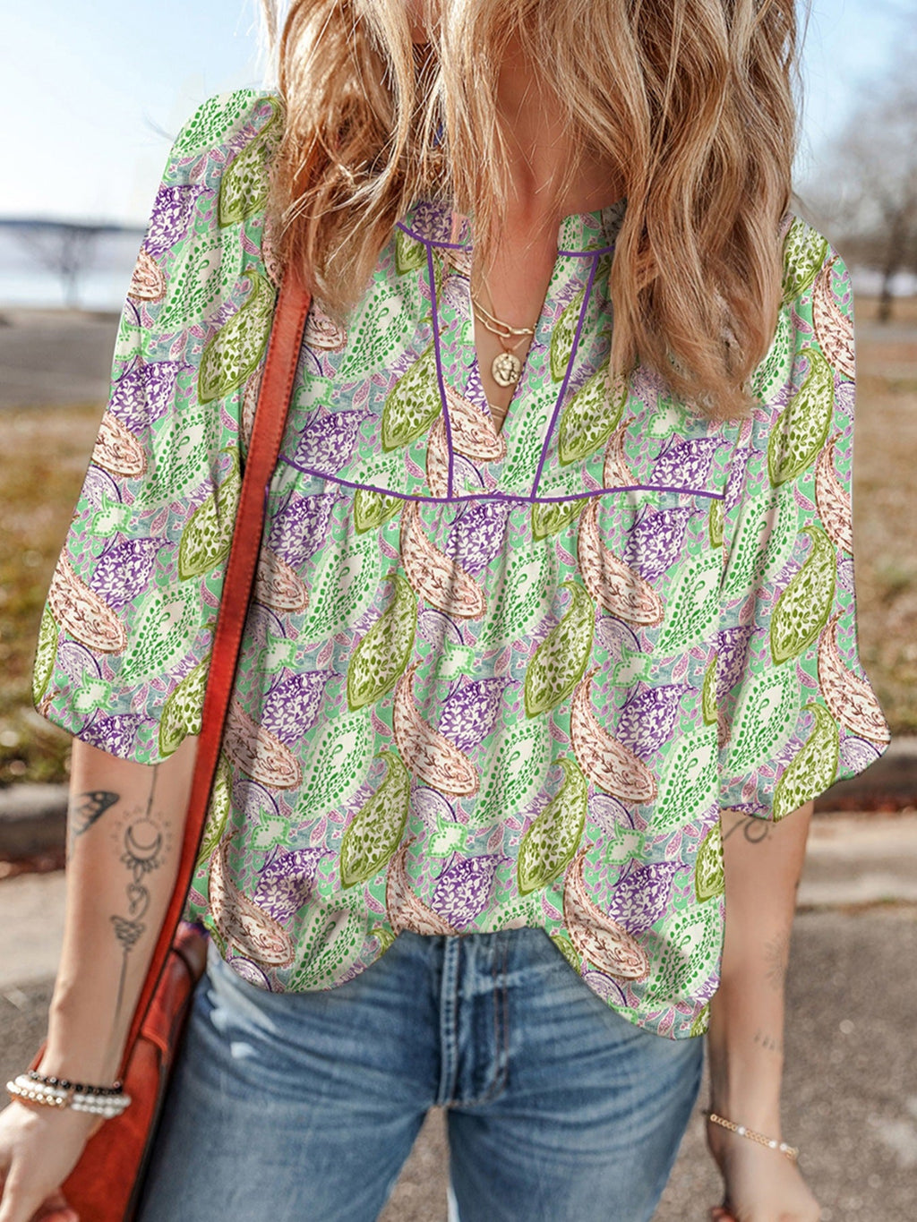 Paisley Print Half Puff Sleeve Blouse