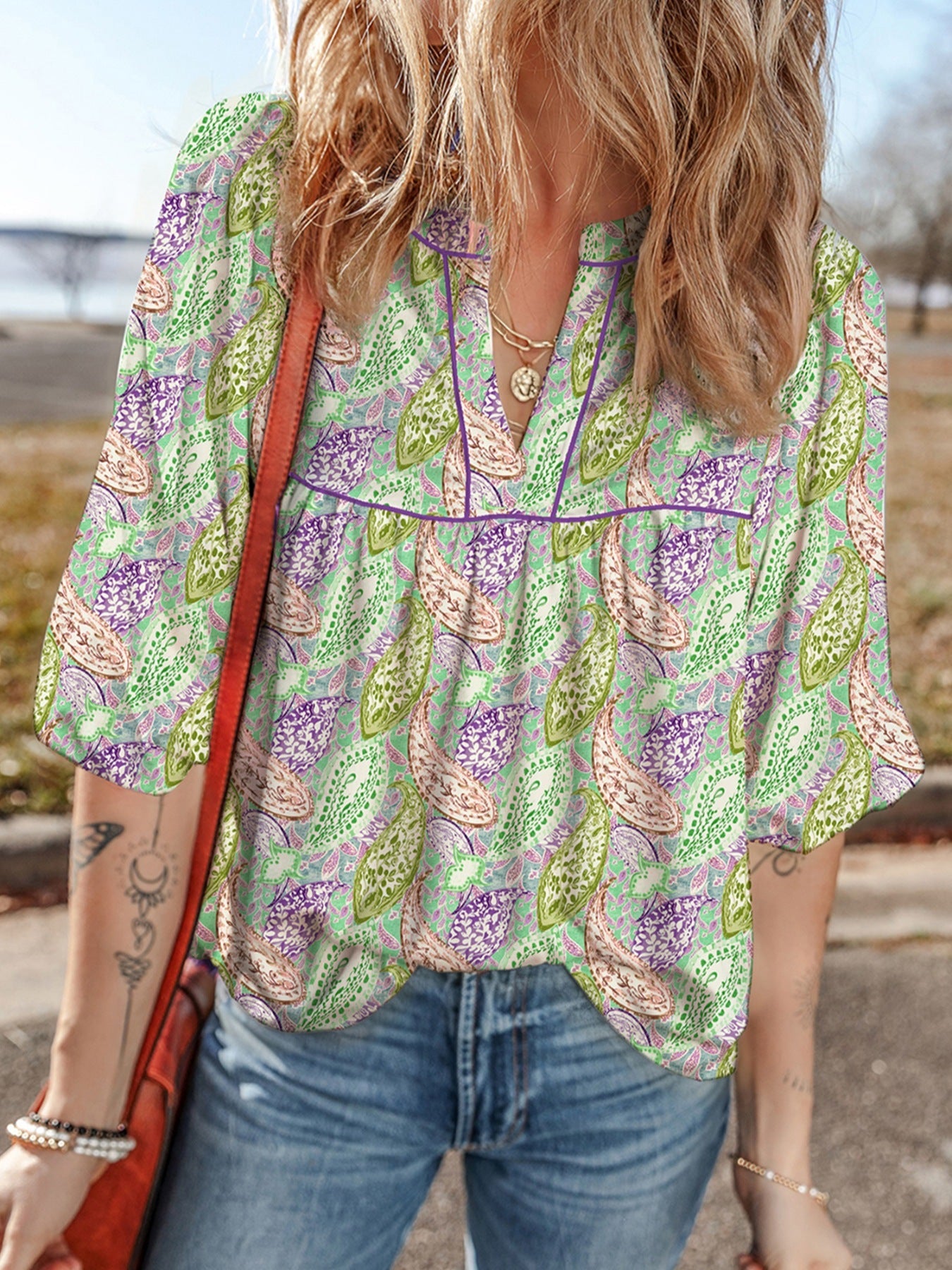 Paisley Print Half Puff Sleeve Blouse