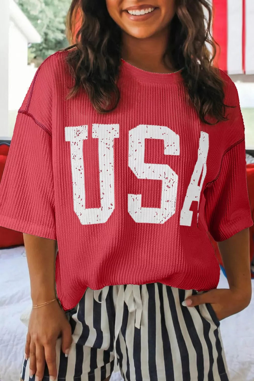 Twisted Rib Vintage USA Letter Printed T Shirt