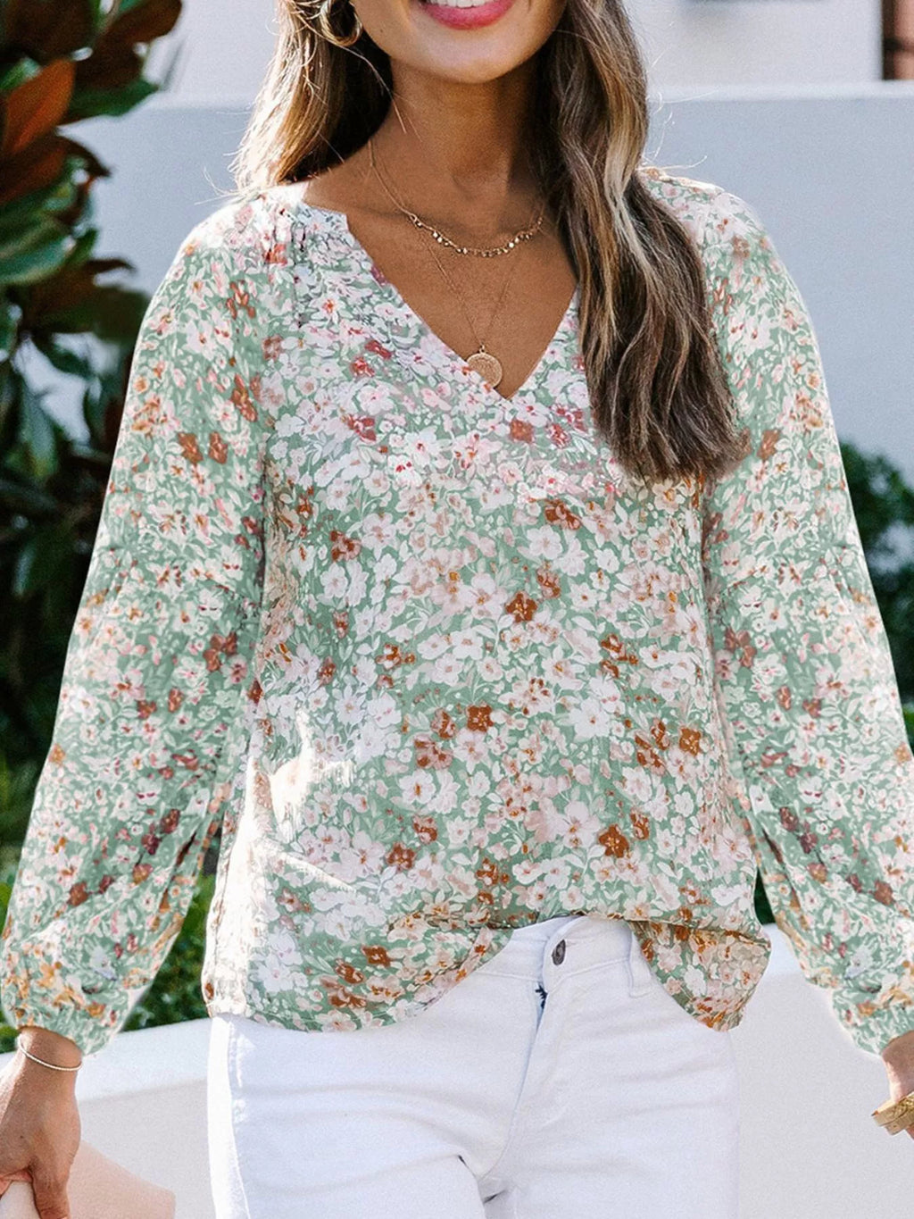 Full Size Floral Print V-Neck Long Sleeve Blouse Plus Size