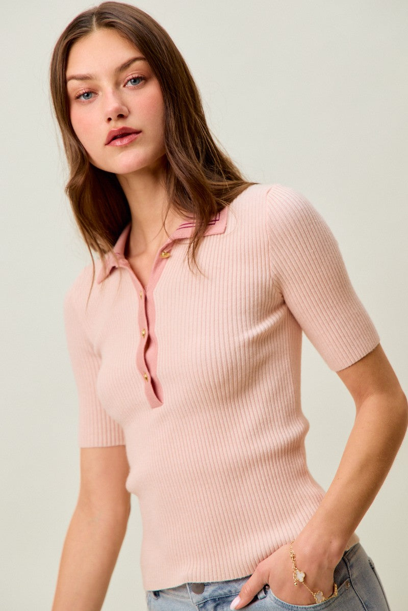 SO ME Contrast Collar Stretchy Rib Knit Short Sleeve Top