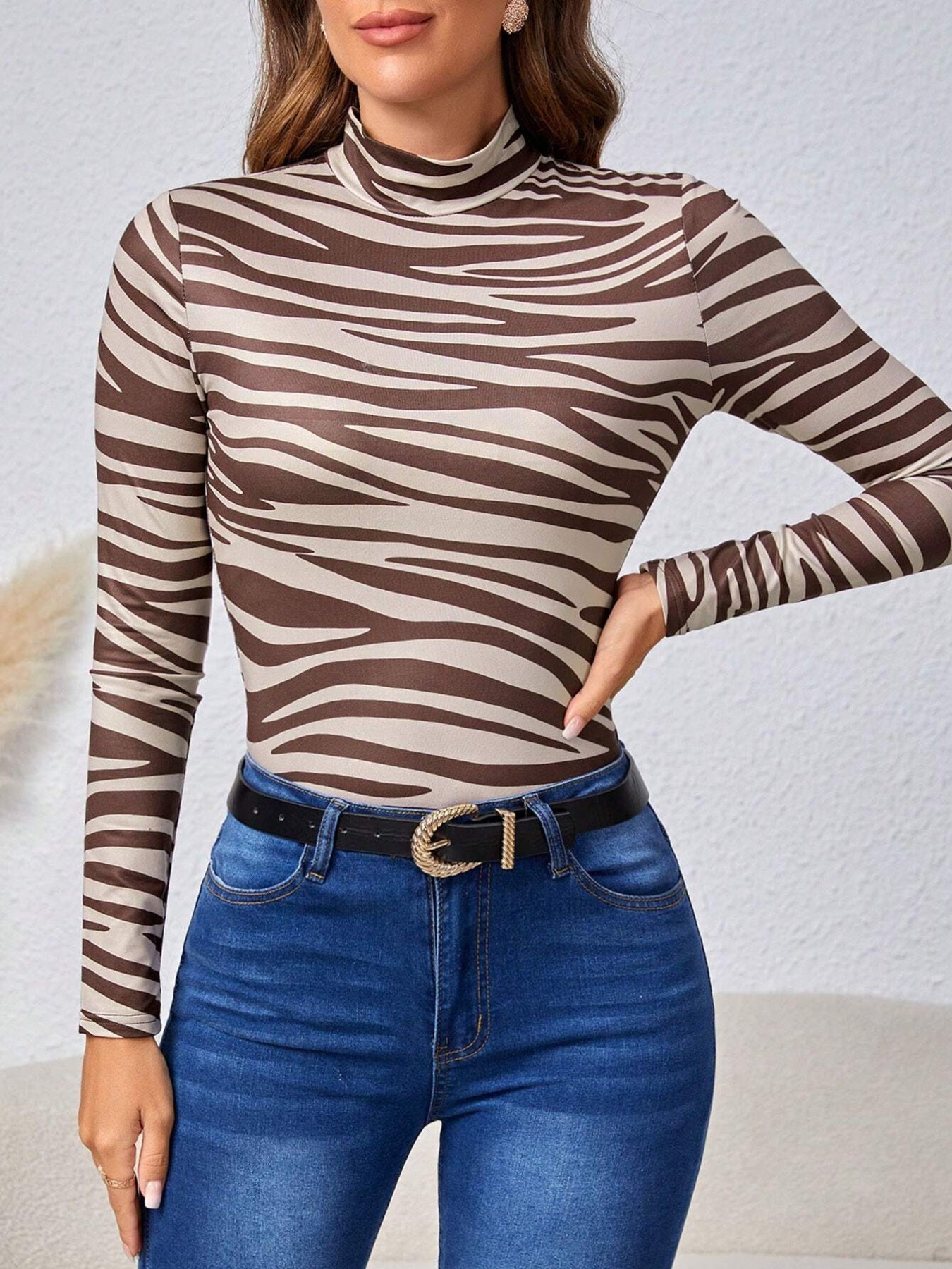 Animal Print Mock Neck Long Sleeve T-Shirt