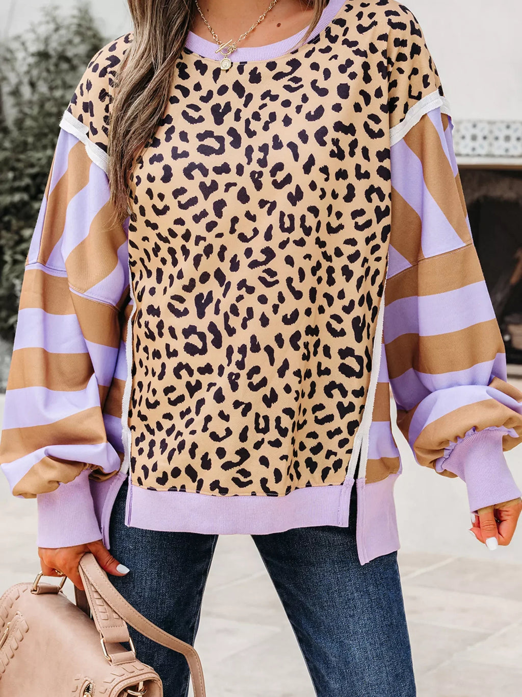 Stripe Color Block Patchwork Leopard Casual Sweatshirt with Slits