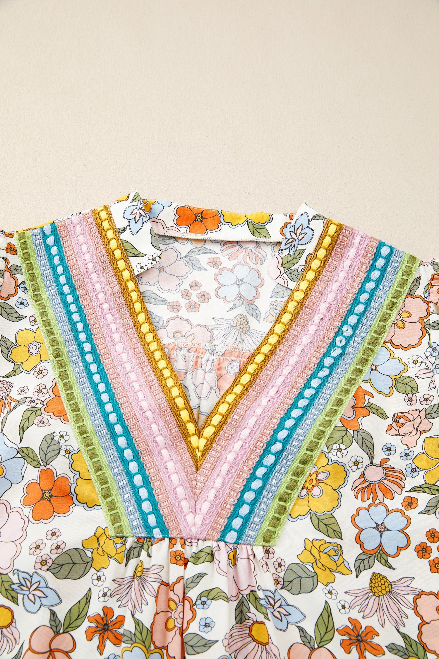 Boho Floral Crochet V-Neck Puff Sleeve Blouse