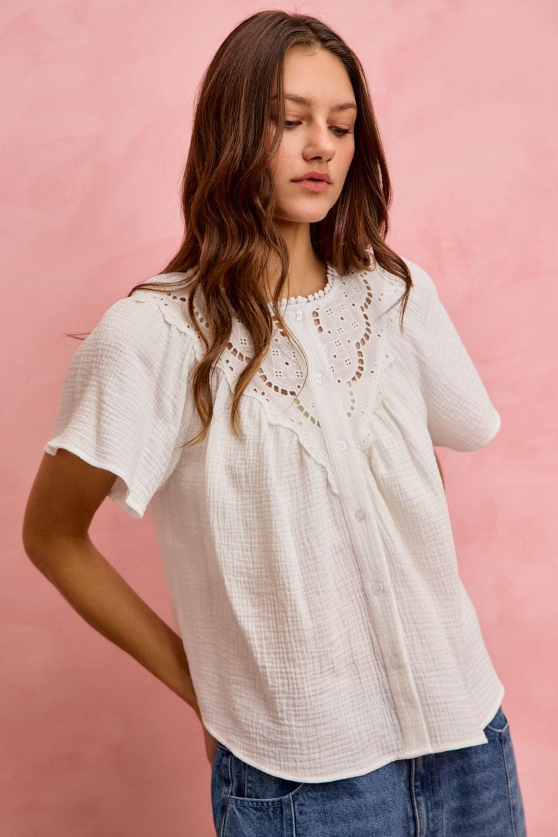 SO ME Cotton Gauze Lace Trim Flutter Sleeves Blouse Top