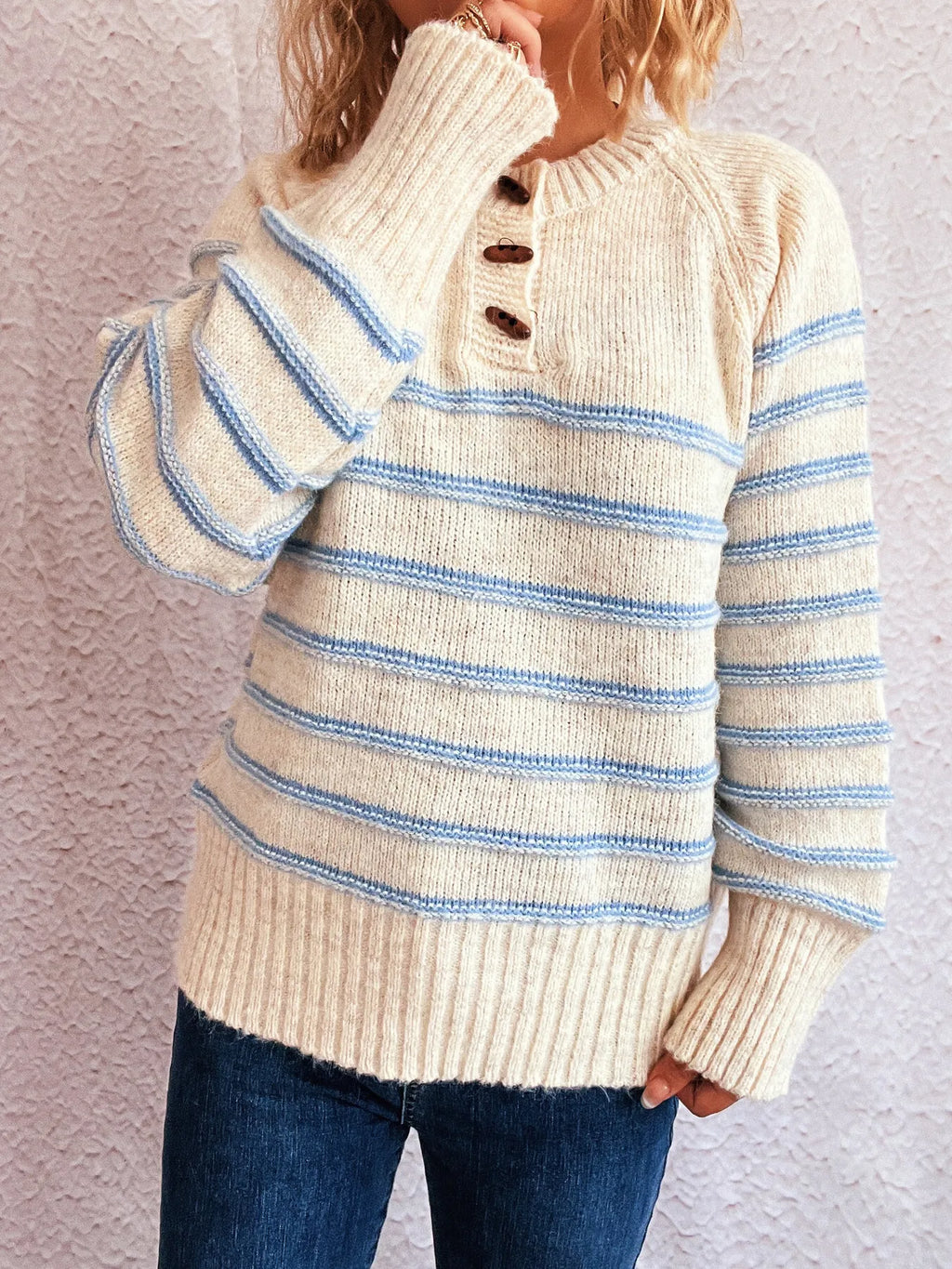 Striped Button Detail Long Sleeve Sweater