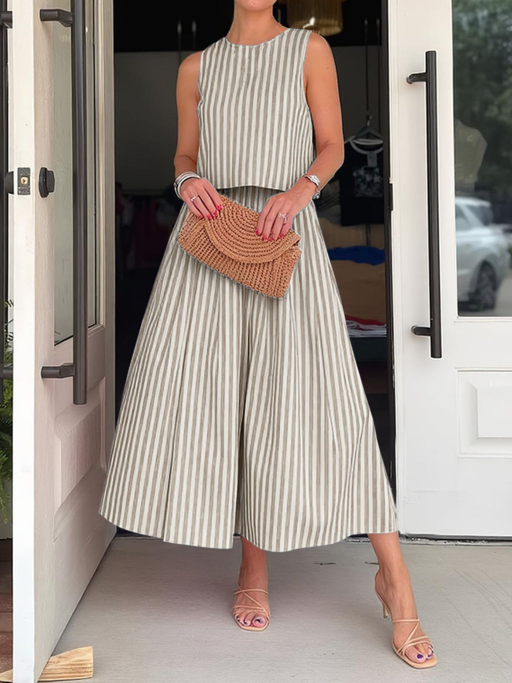Striped Sleeveless Top and Midi Skirt Set