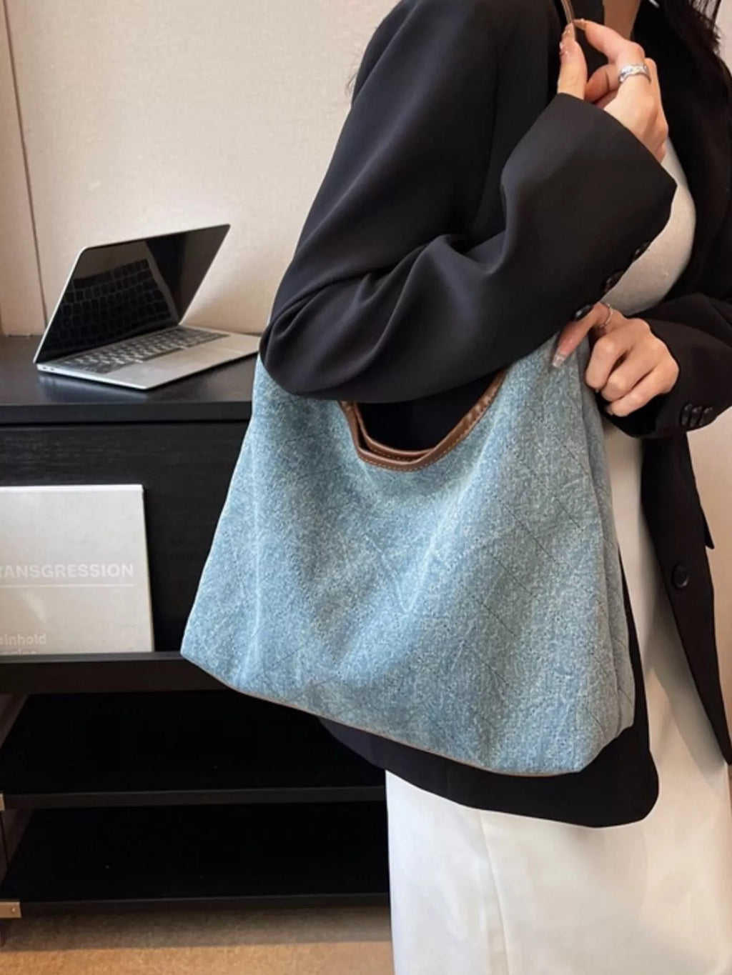 Denim Shoulder Bag with Leather Trim