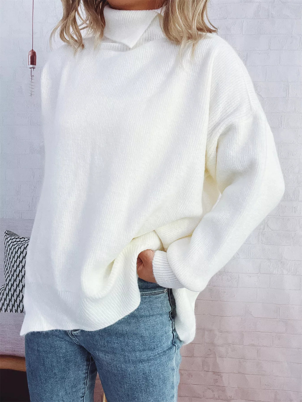 Slit Turtleneck Long Sleeve Sweater