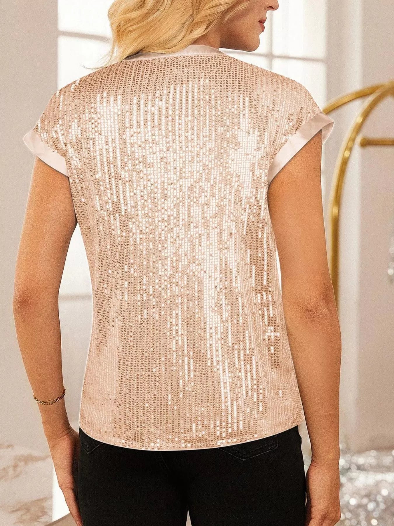 Sequin Notched Cap Sleeve Blouse