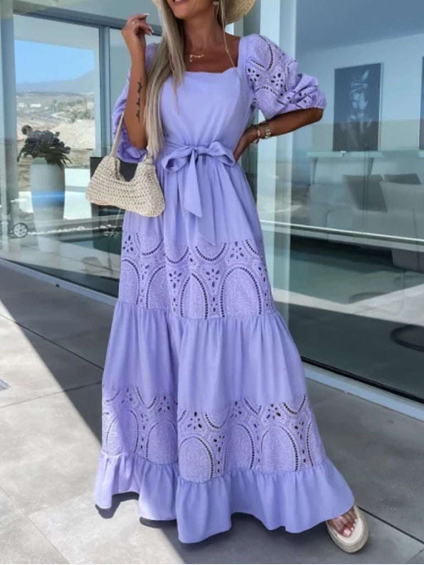 Lace Sleeve Belted Tiered Ruffled Maxi Dress