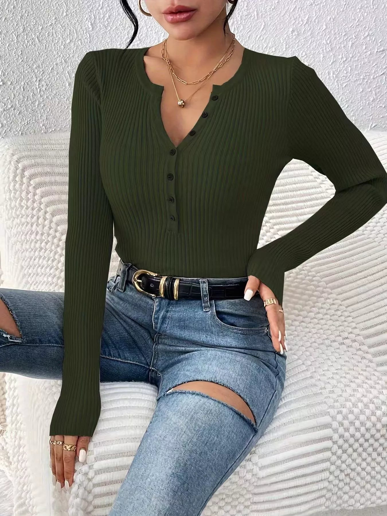 Ribbed Knit Button Front Knit Top