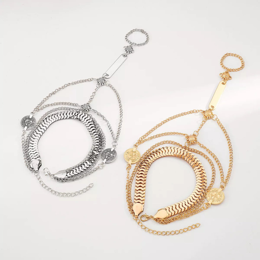 Multi Layered Chain Bracelet with Finger Ring