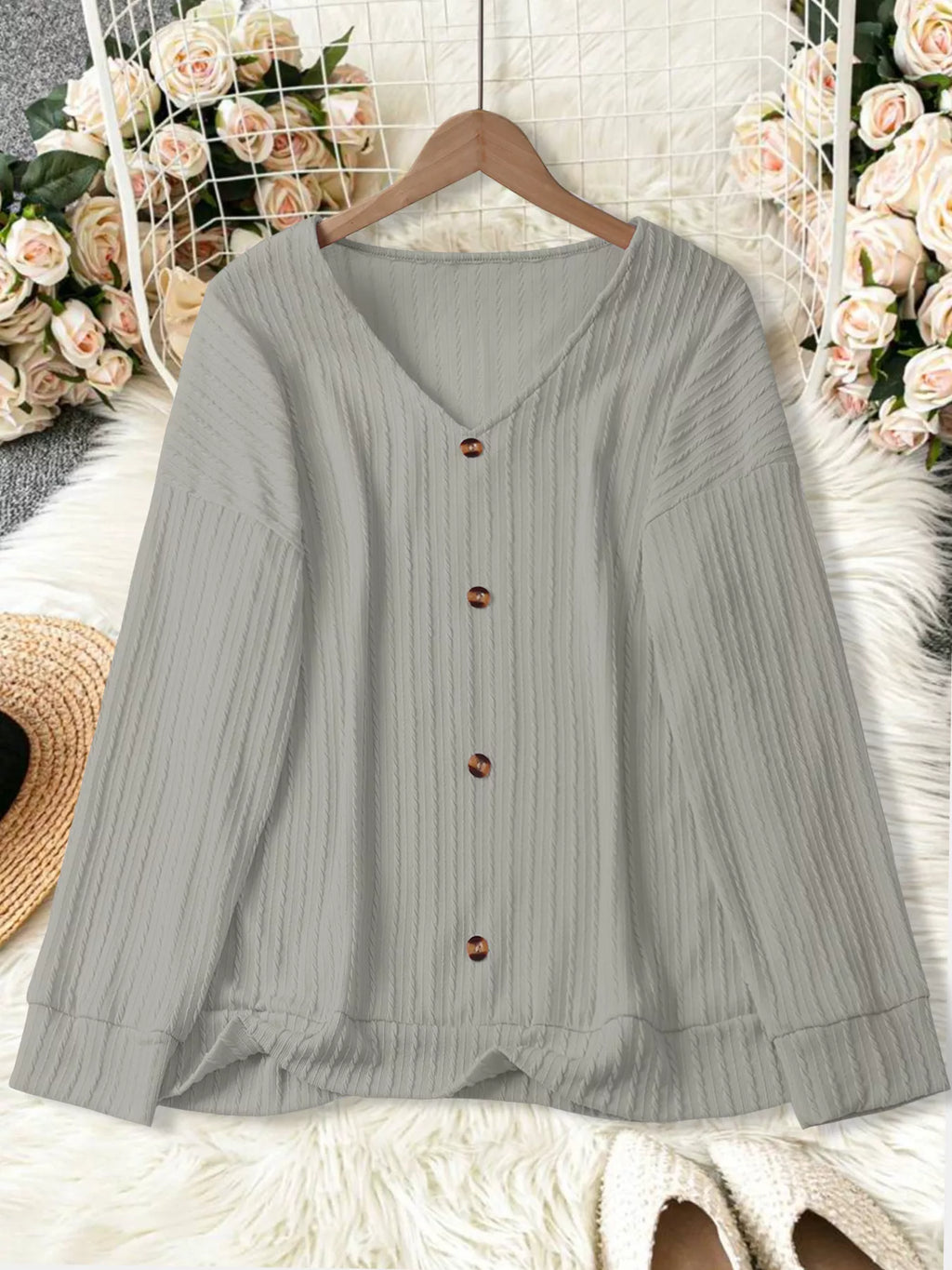 Plus Size V-Neck Dropped Shoulder Blouse