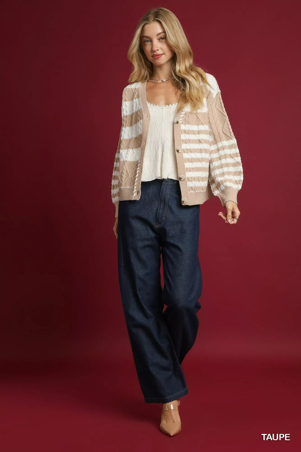 Umgee Cable-Knit Stripe Button-Up Cardigan