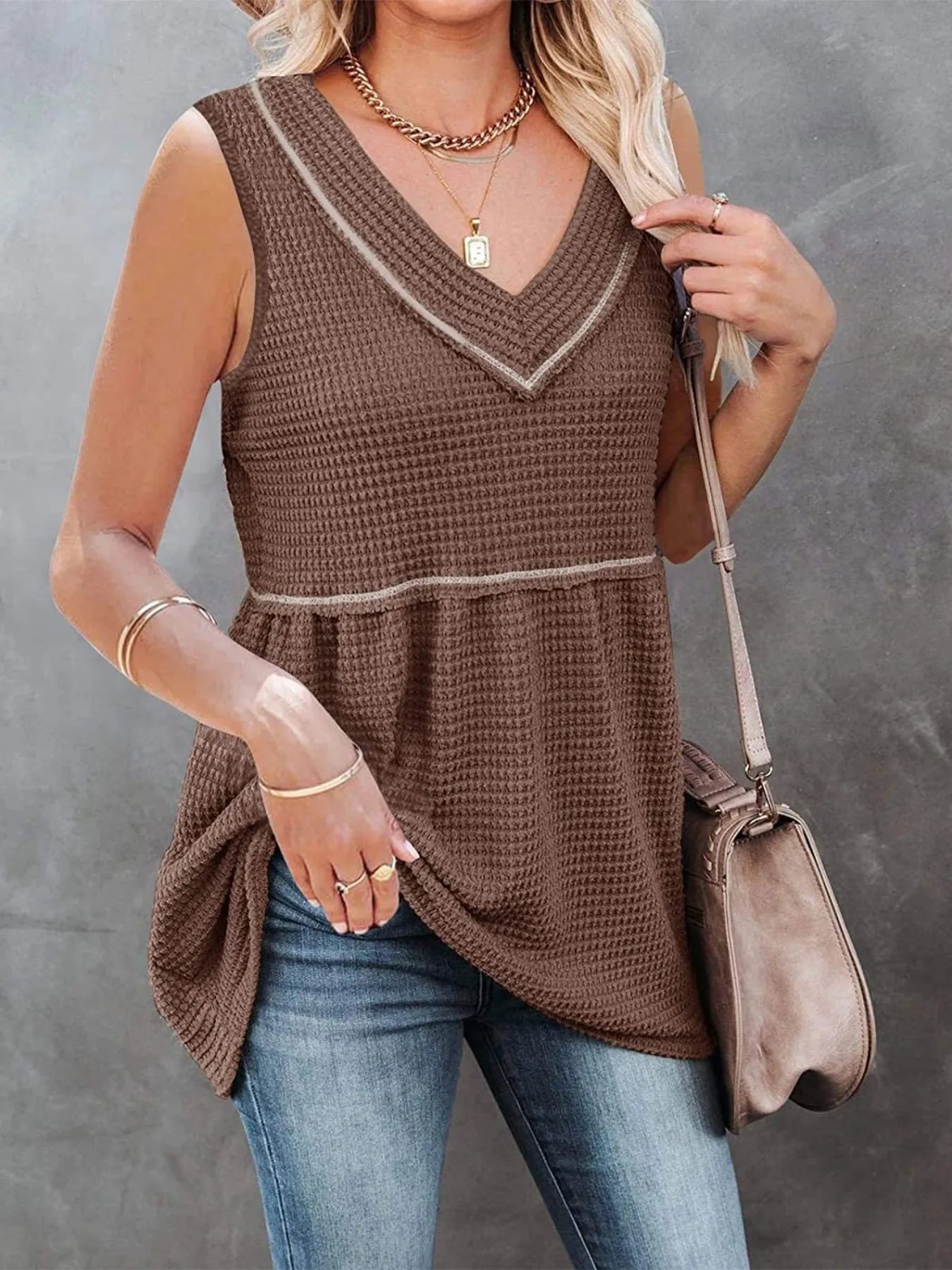 V-Neck Waffle Knit Tank Top with Contrast Stitching