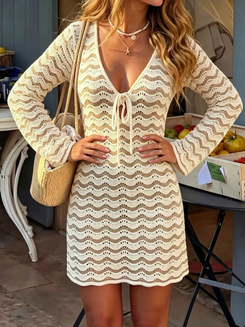 V-Neck Crochet Knit Long Sleeve Mini Dress
