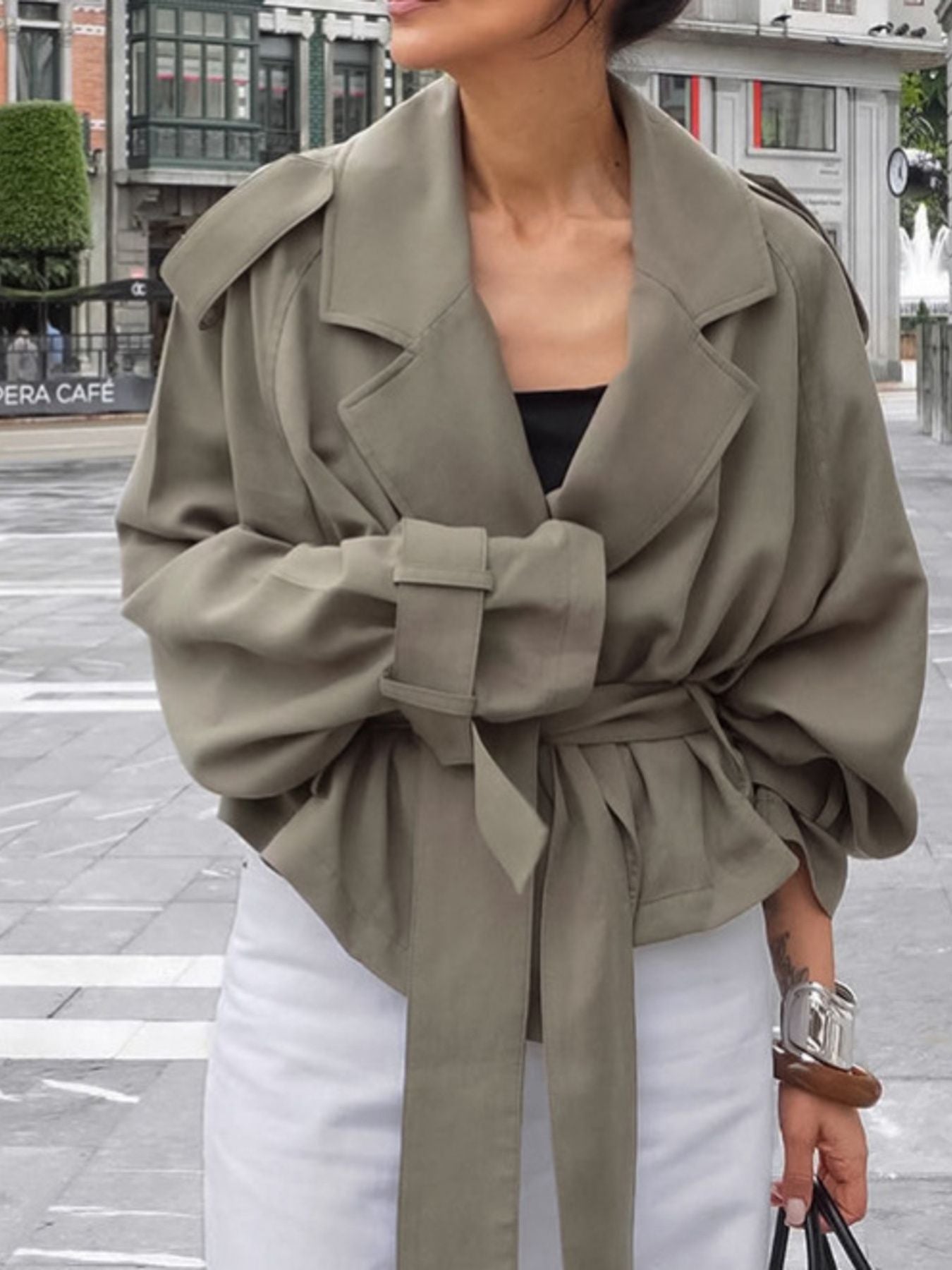 Lapel Collar Tie Waist Trench Jacket