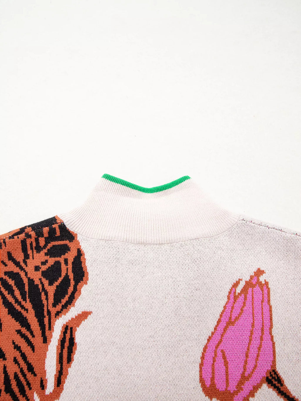 Floral Pattern Knit Quarter Zip Stand Neck Sweater