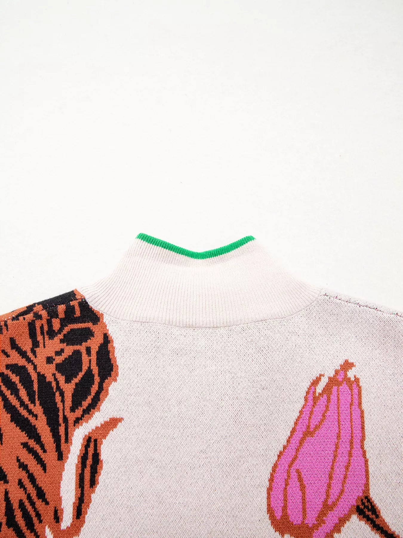Floral Pattern Knit Quarter Zip Stand Neck Sweater