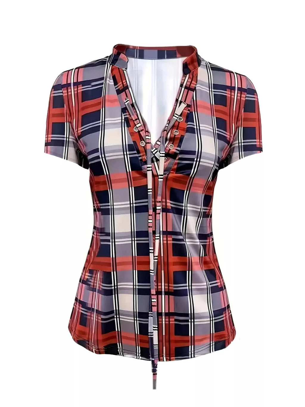 Plaid Lace-Up Short Sleeve Blouse