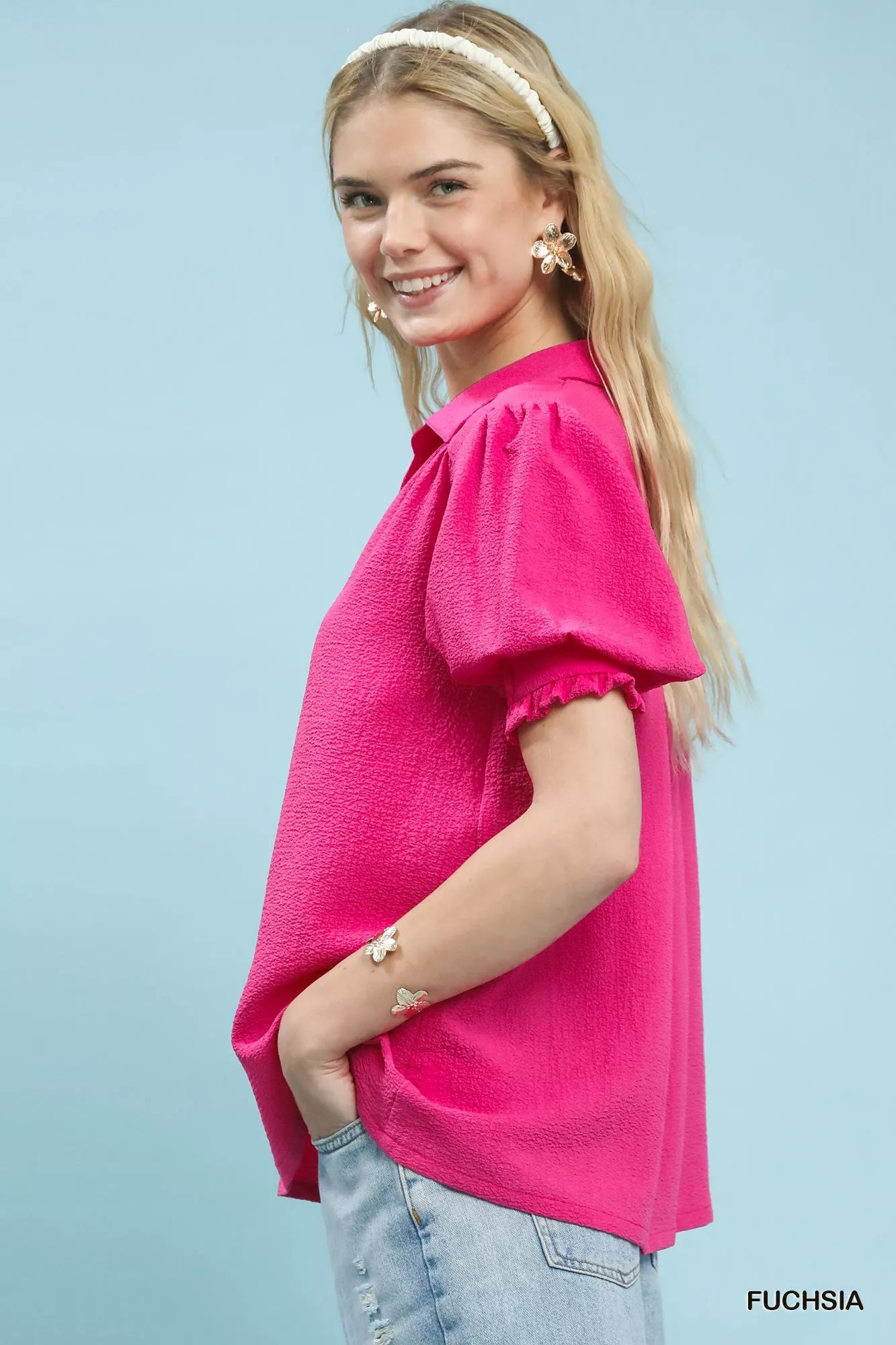 Umgee Seersucker Puff Sleeve Blouse