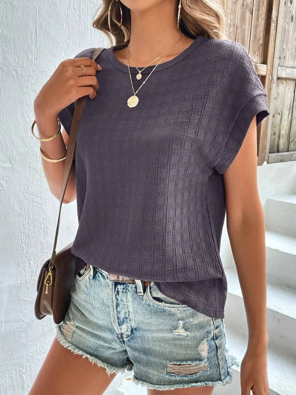 Textured Round Neck Short Sleeve Top