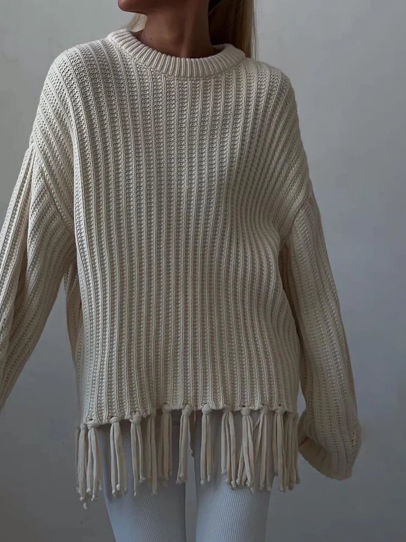 Fringe Round Neck Long Sleeve Sweater