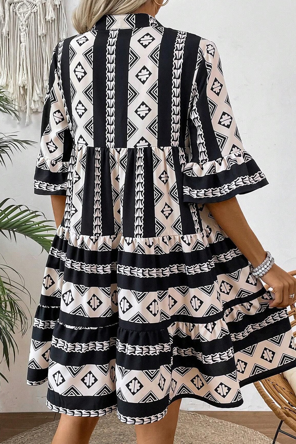 Geometric Print Ruffle Hem Mini Dress