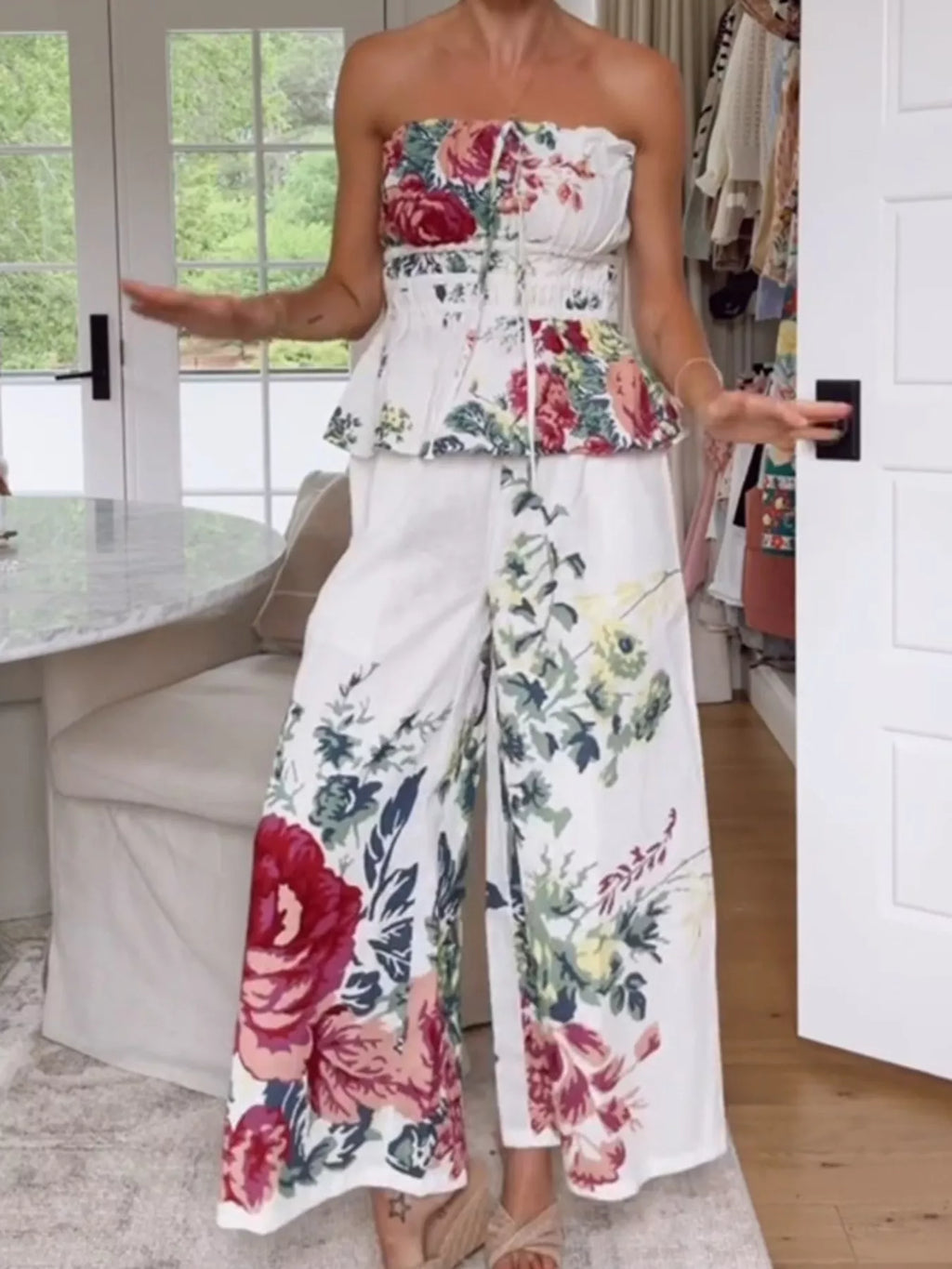 Floral Print Strapless Top and Wide-Leg Pants Set